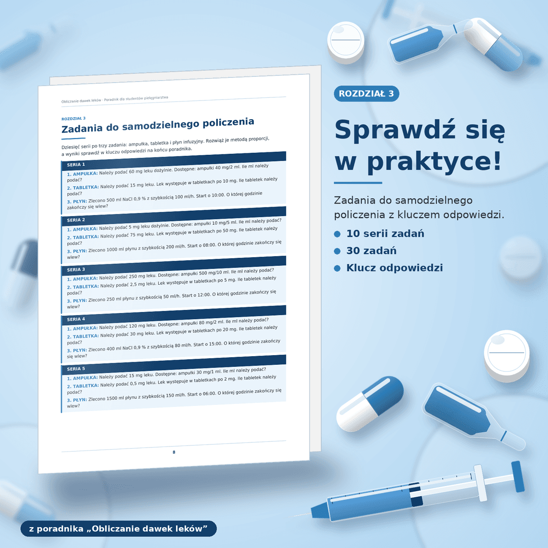 Obliczanie dawek leków - poradnik z zadaniami. UWAGA fiszka A4 do zalaminowania - GRATIS